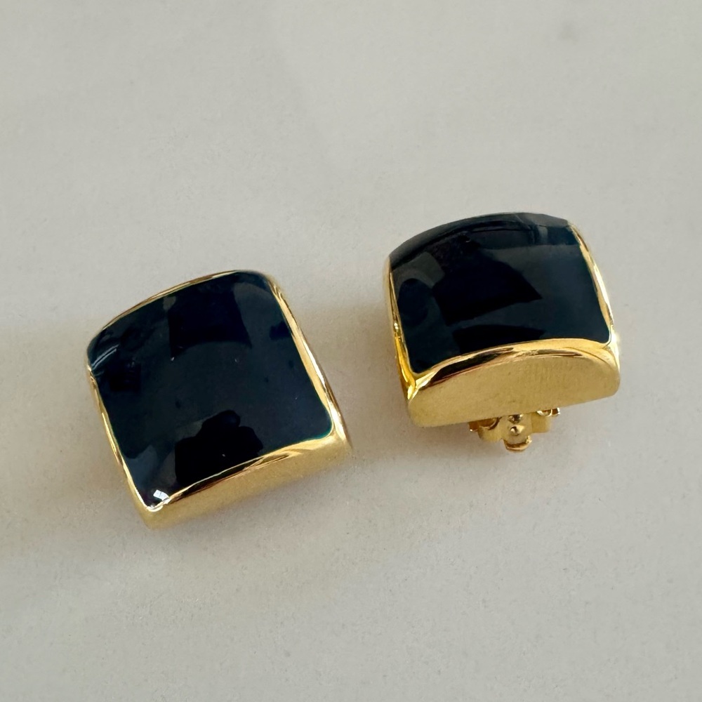 Vintage 80s C.M.Lent Gold & Navy Enamel Square Fashion Clip-On Earrings - Picture 15 of 16